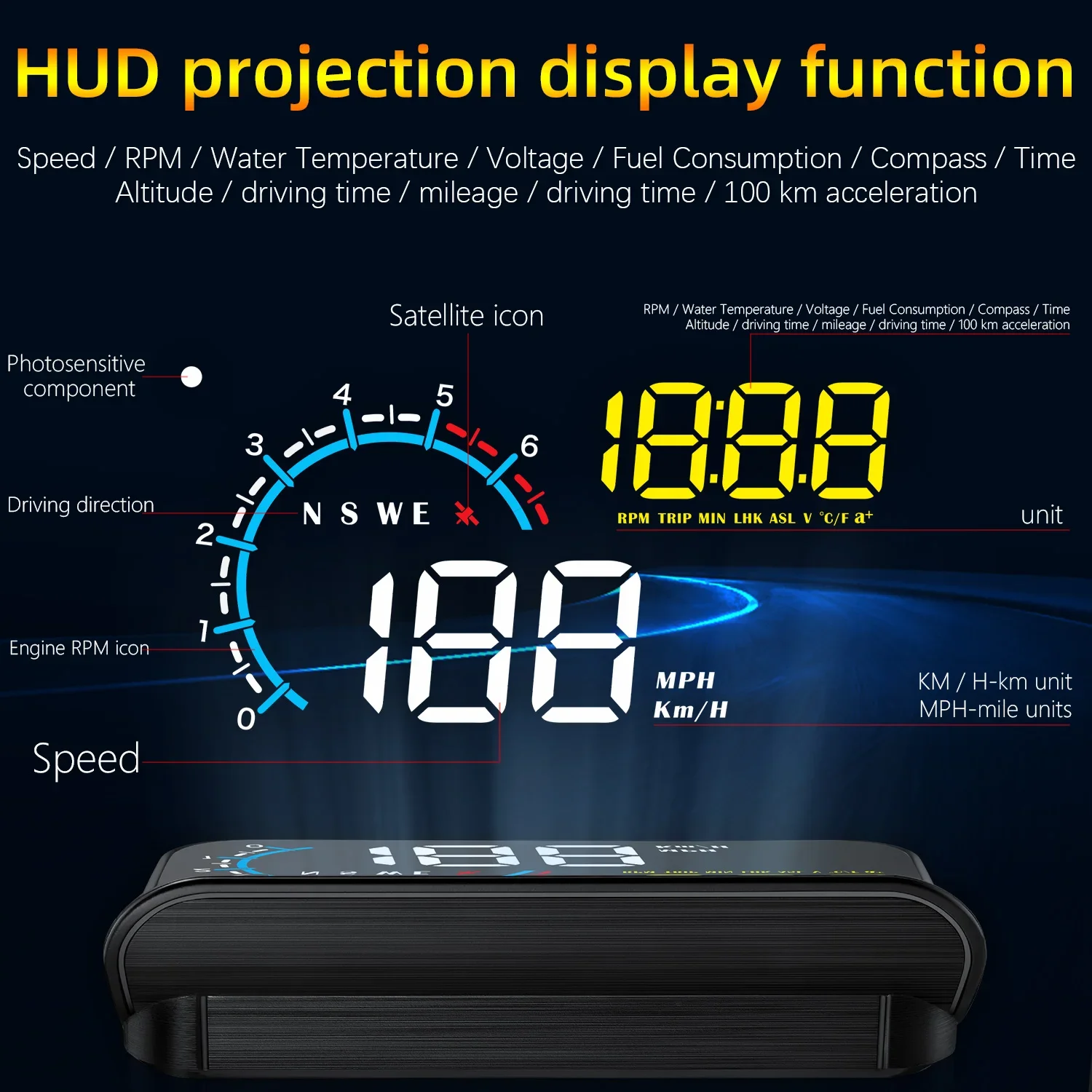 M12 HUD GPS+OBD 헤드업 디스플레이 앞유리 프로젝터 자동차 전자제품 액세서리 Obd2 속도 전압 디스플레이 과속 경보 기능 포함