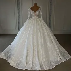 Custom Made Luxurious Ball Gown Weddding Dresses Puffy V Neck Long Sleeve Sequins Women Formal Bride Gowns