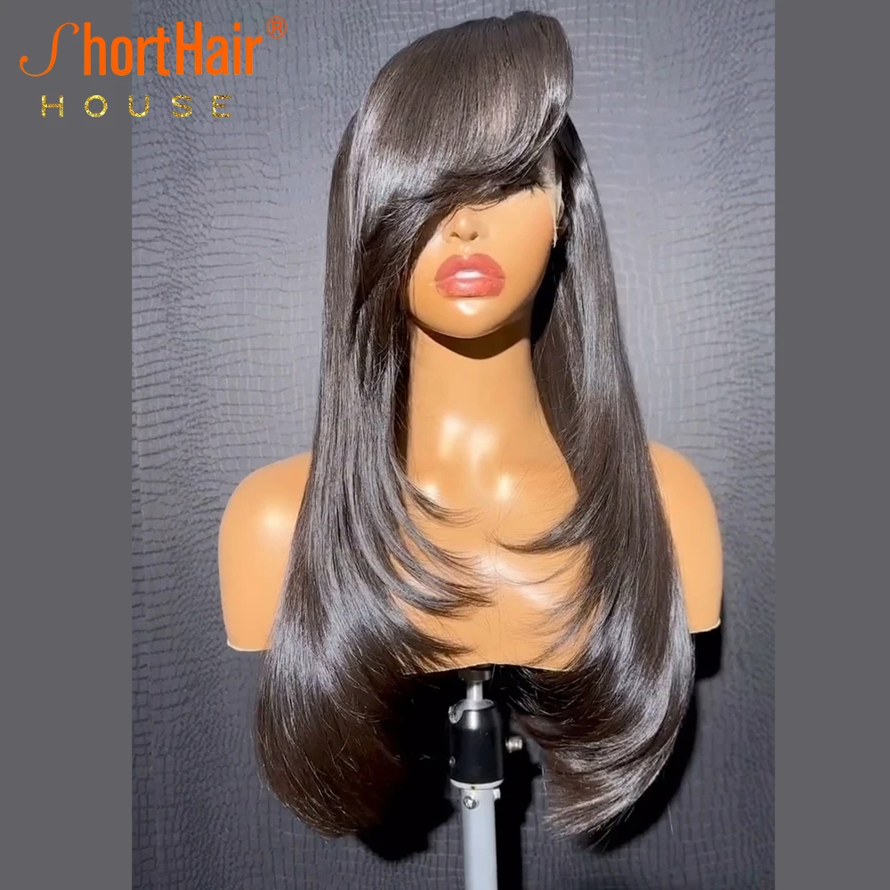 99J Burgundy Wavy Human Hair Wigs Invisi 360 Lace Front Wigs With Side Bangs PreCut 5x7 Lace Glueless 250% Highlight Brazilian