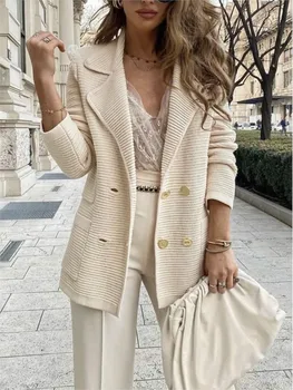 2025 nuove donne doppio petto bottone tinta unita autunno inverno giacca blazer moda casual cappotto a maniche lunghe cardigan femmine 1