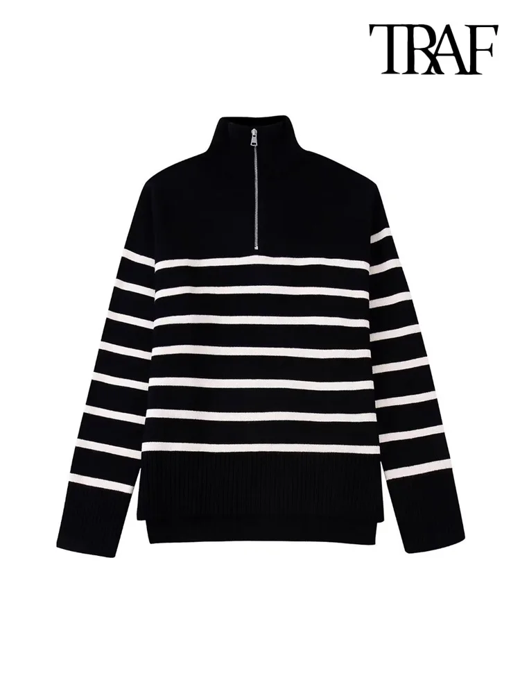 Traf Women Fashion With Zipper Loose Striped Knit Sweater Vintage High traf-women-fashion-with-zipper-loose-striped-knit-sweater-vintage-high