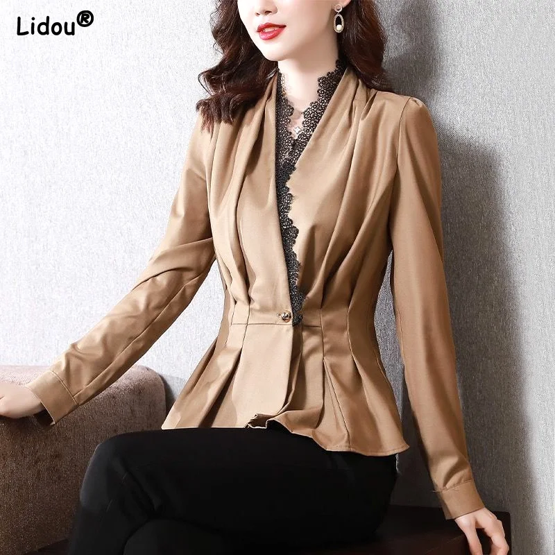 Creative Patchwork Lace Pleated Skinny Single Button V-neck Office Lady Blazers Autumn Winter Thin Sexy Women's Clothing 2022