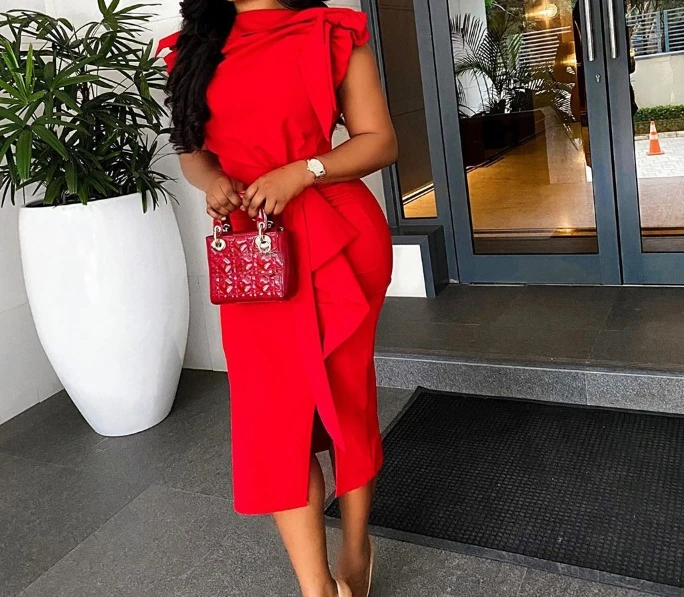 Women Commuting Style Dress 2024 Spring/summer Latest Solid Color Scarf Collar Tight Sexy Red High Waist Zipper Mid Length Skirt
