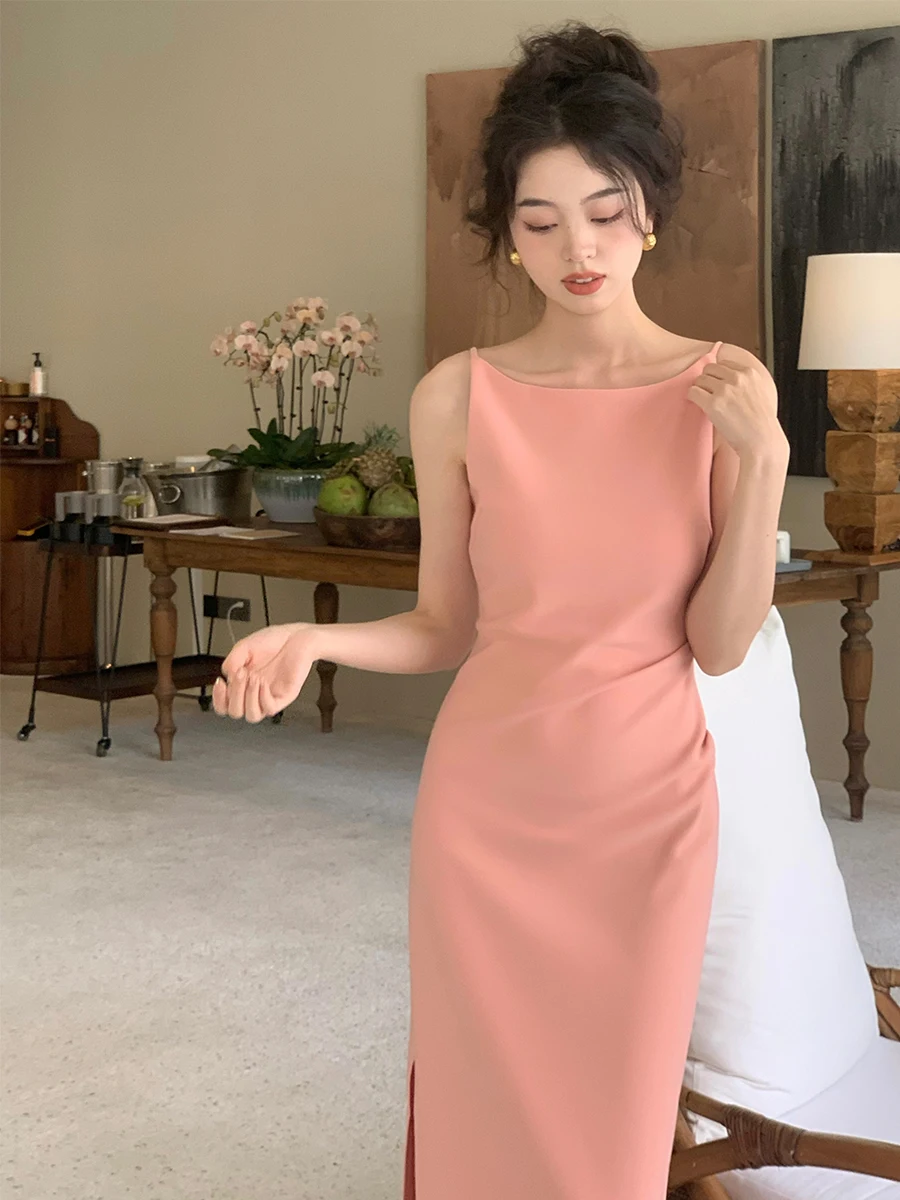 French round neck high waist slim dress 2023 summer new sleeveless elegant slim dress