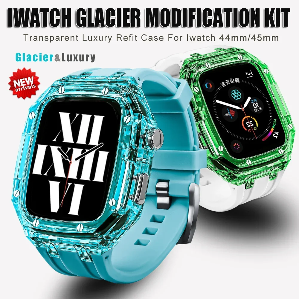 

Transparent Glacier Case Band For Apple Watch Series 8 7 6 5 4 SE 45mm 44mm Modification Kit iWatch Refit Rubber Sport Strap