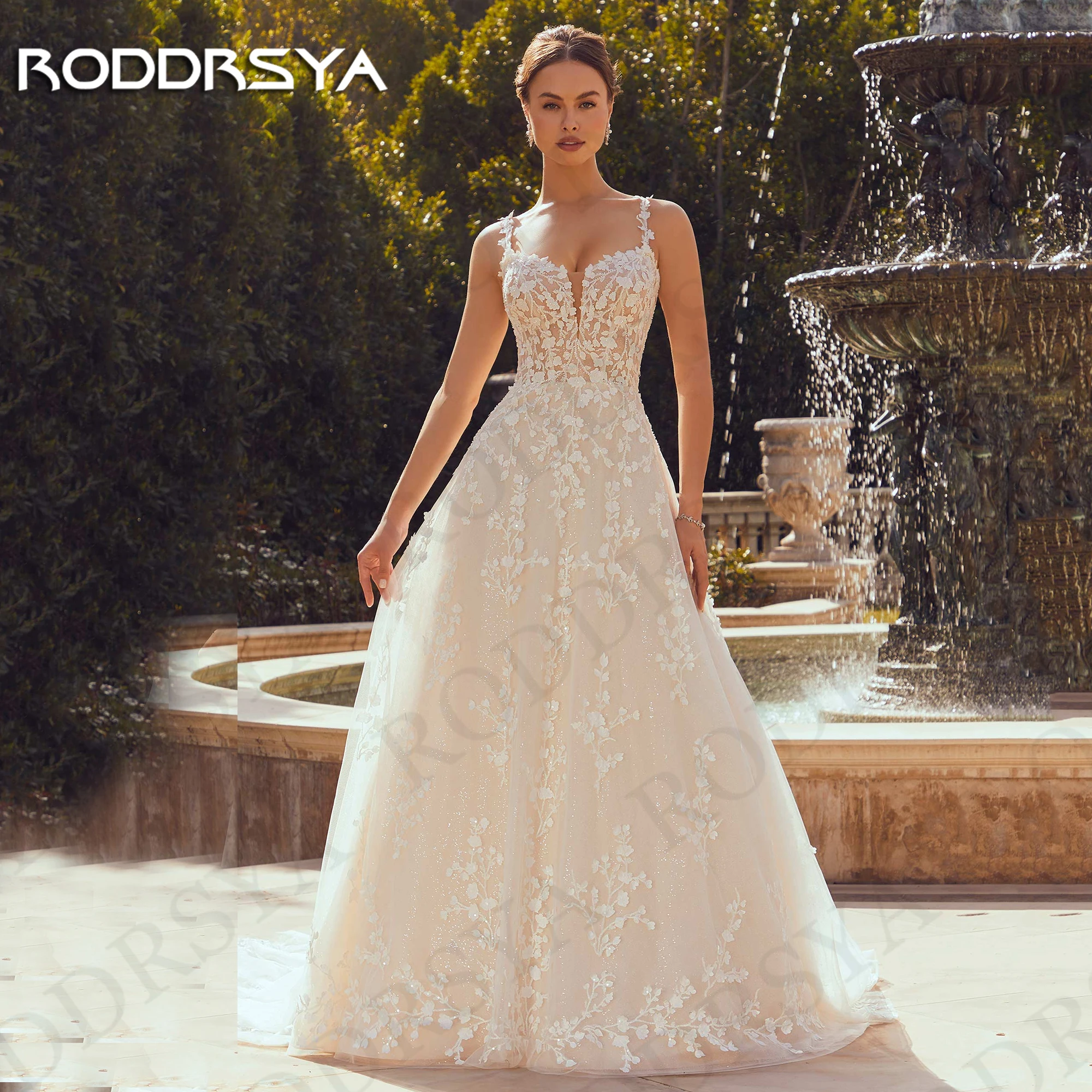 RODDRSYA A Line Appliques Wedding Dress Luxury Shiny Tulle V Neck Spaghetti Straps Bridal Gown vestidos de novia Customized