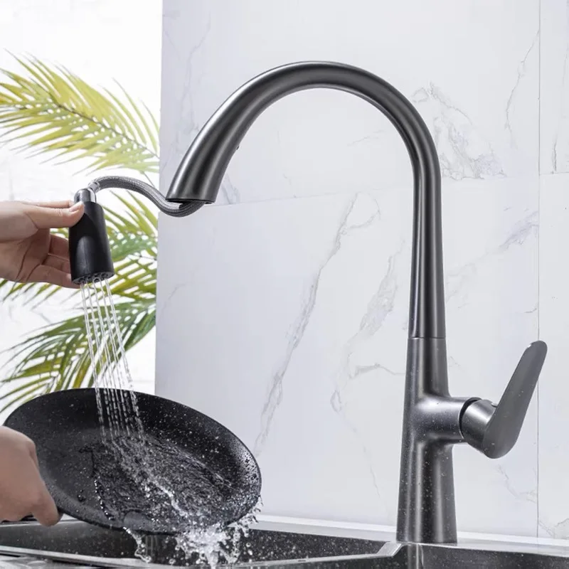Gun Gray Pull-Out Kitchen Faucet Cold And Hot Water Wash Vegetable Basin Sink Faucet Rotating Telescopic Black