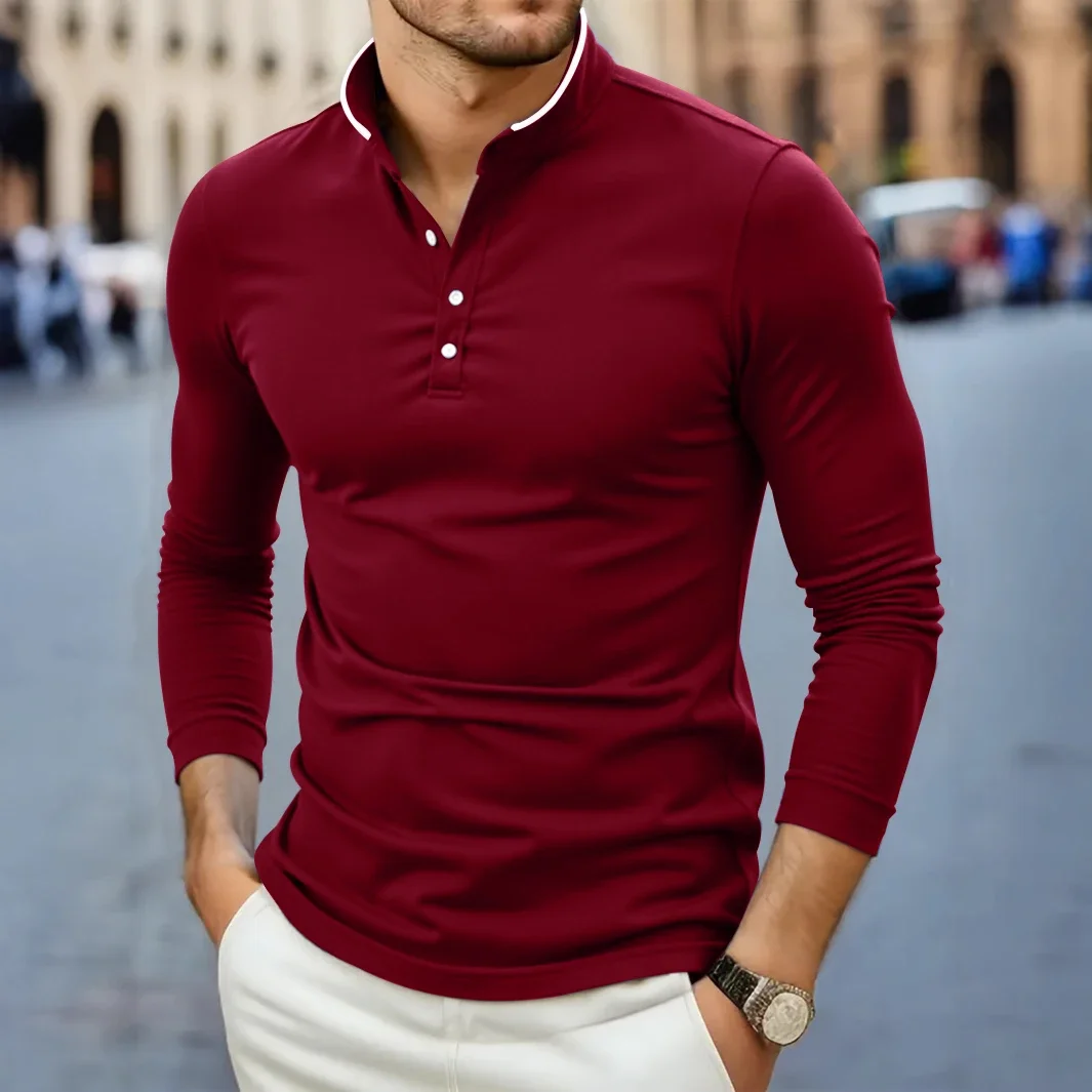 Men T-shirt 2025 Casual and Fashionable Solid Color Long Sleeved Stand Up Collar Summer Versatile and Comfortable