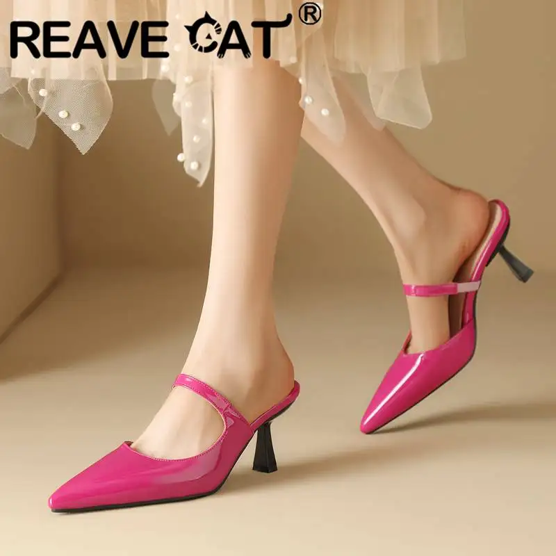 

REAVE CAT Design Women Sandals Pointed Toe Thin Heels 7.5cm Slip On Mules Shoes Shallow Daily Large Size 46 47 48 Elegant S4884