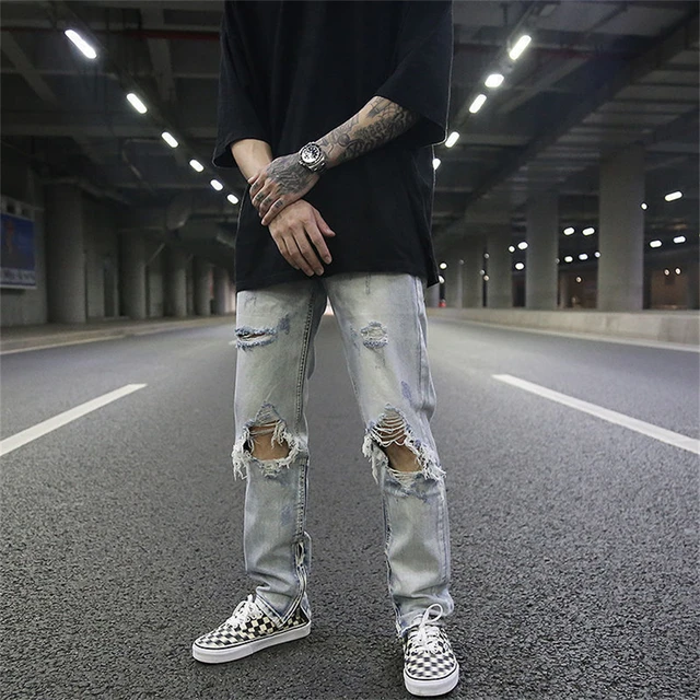 HOUZHOU Hip Hop Distressed Jeans Pants Men Ripped Patchwork Denim