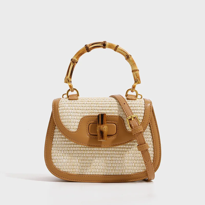 

Fashion Straw Woven Women Small Handbags Splicing Design Lady Saddle Hand Bags With Bamboo Handle