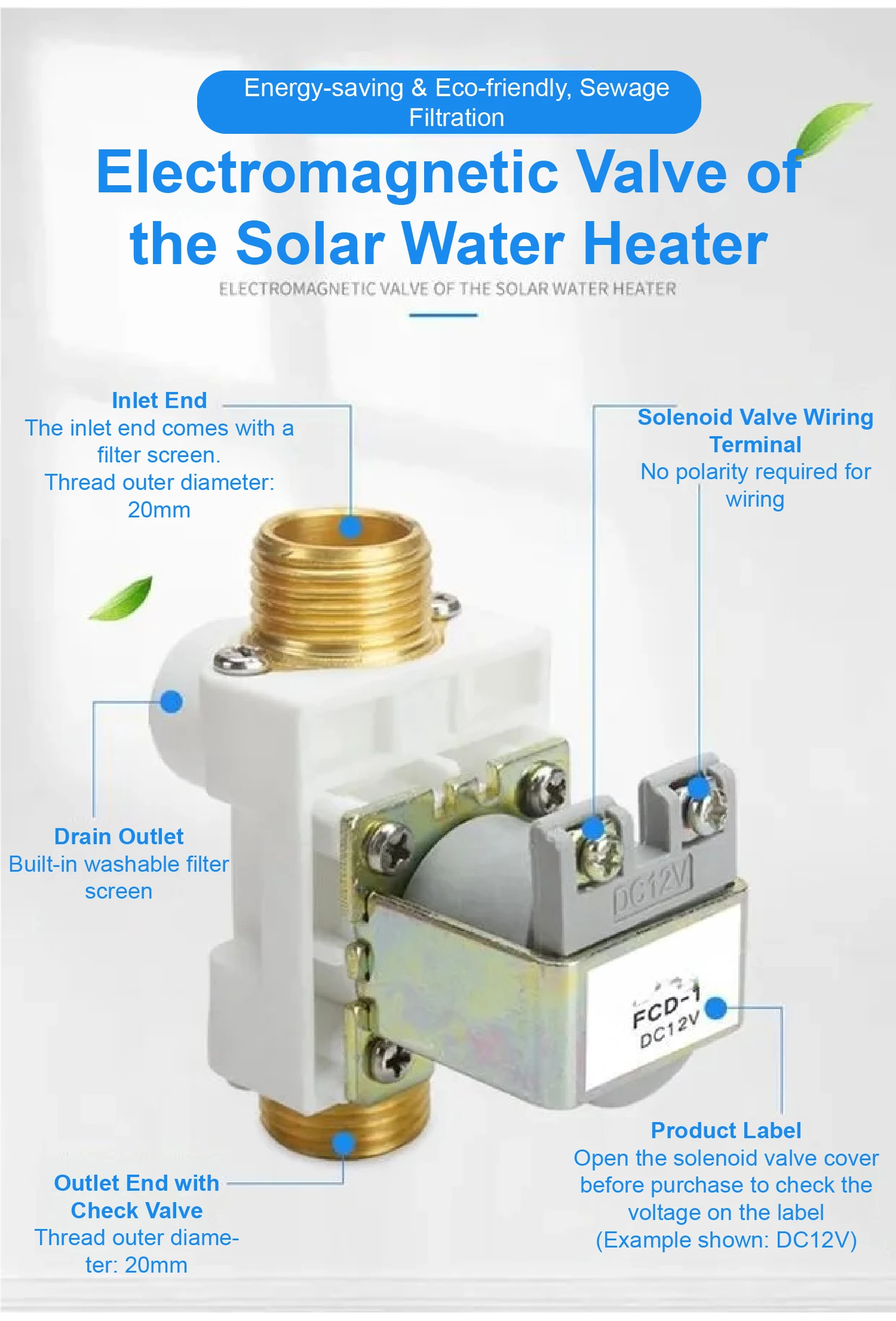 1/2" Brass Male Thread Solar Solenoid Valve DC12V AC220V Normally Closed Water I