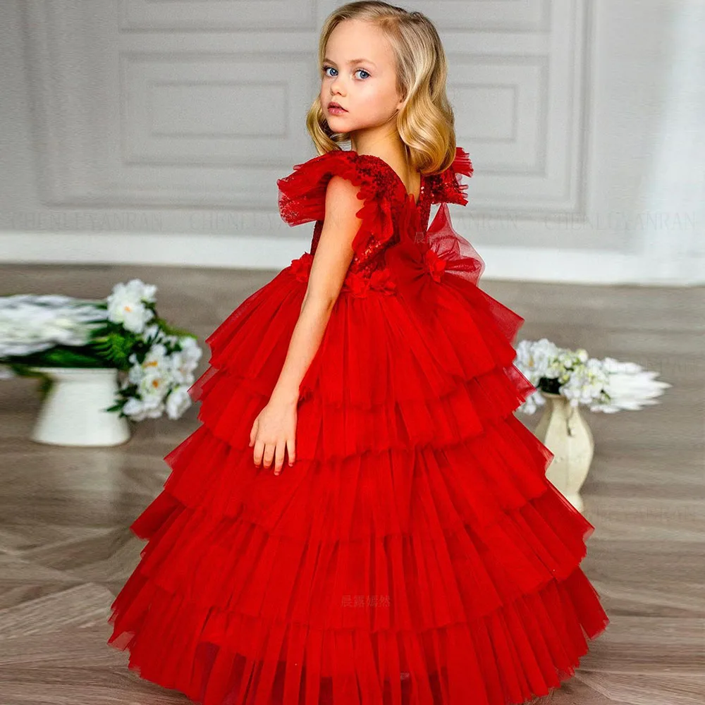 RedSequinFlowerGirlsDresses2023ONeckTieredLongKidsWedding