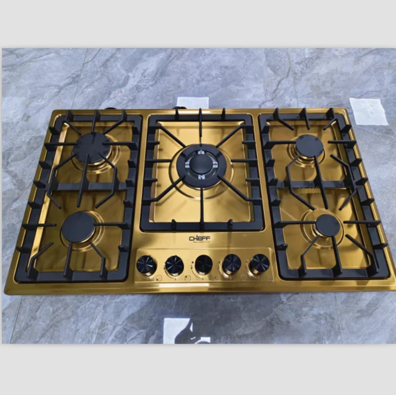 Kitchen Gas Cooking Appliance 33 Inch Golden Stainless Steel 5 Eyes Gas Stove Built in Cooker Countertop
