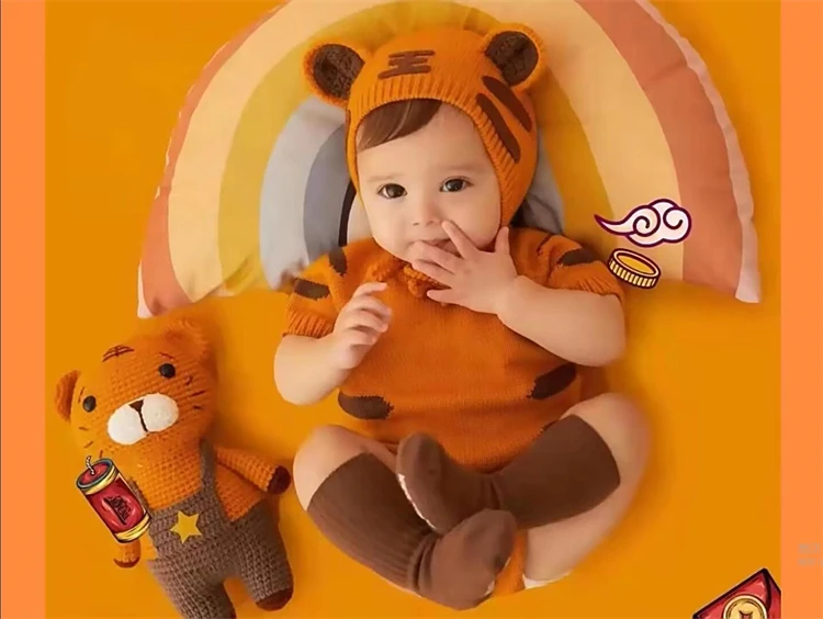 newborn baby clothing gift set Tiger Theme Baby Photo Shoot Clothing Knitted Romper Hat 2pcs Set Infant Boy Girl Photography Clothes Costumes Short Sleeve 3-6M Baby Clothing Set expensive