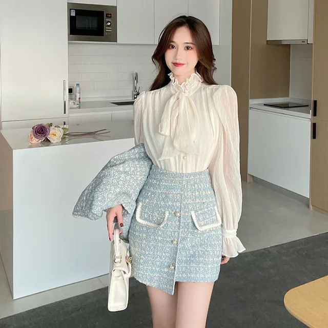 Yellow Plaid Skirt And Blazer Women's Pieces Set Elegant Vintage