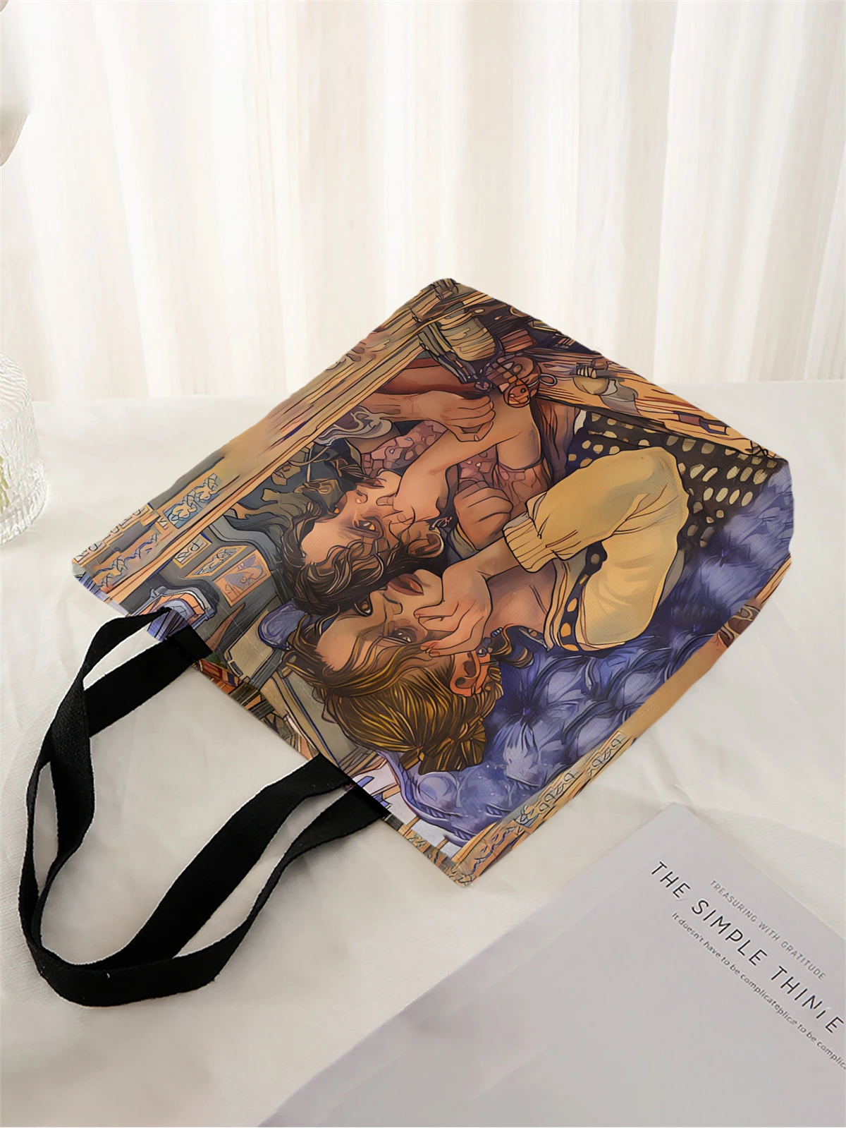 1pc,artistic oil painting handbag, reusable fashionable handbag, multifunctional handbag, printed canvas shopping bag