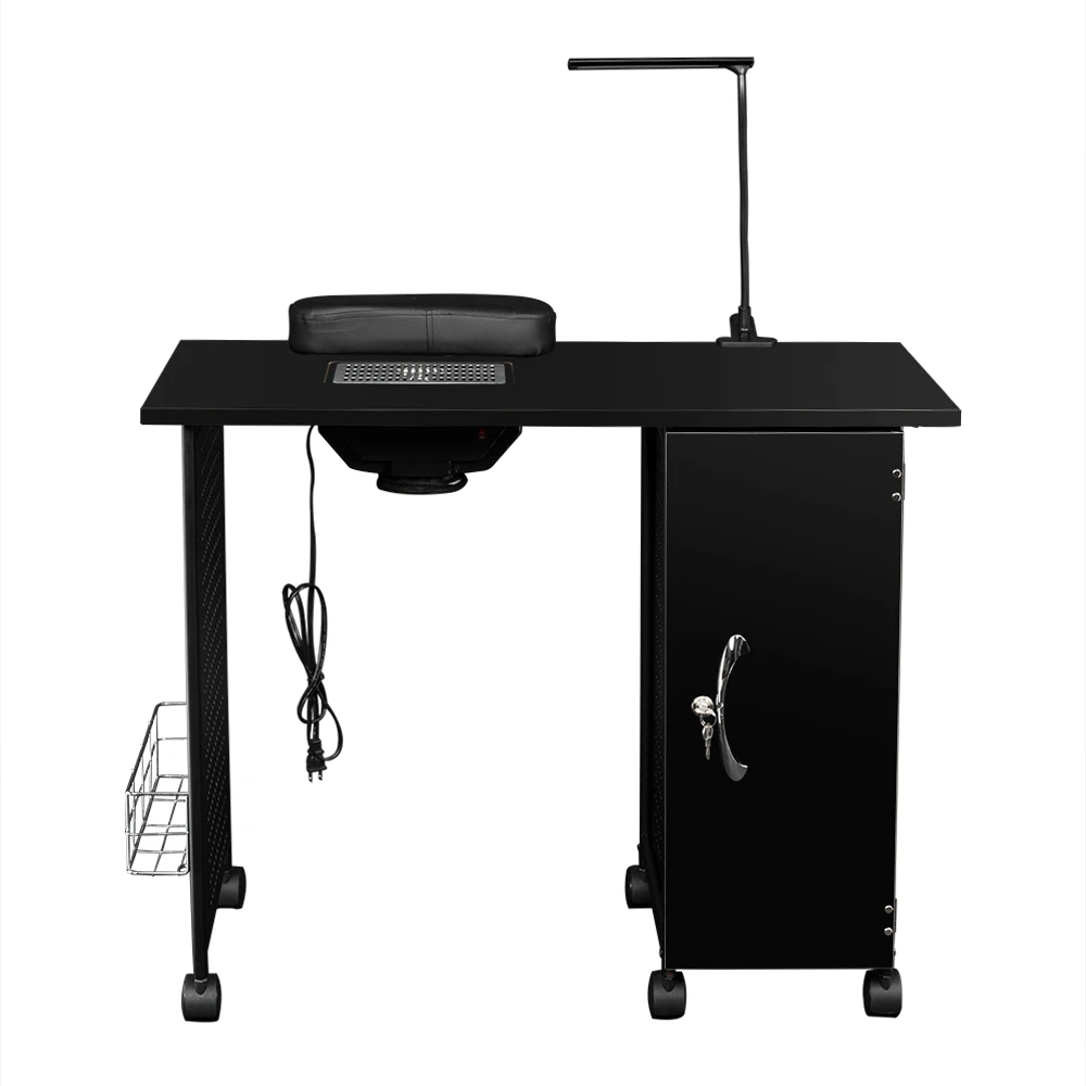 Black Rolling Manicure Table Nail Table with Dust Collector and Light