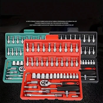 46pcs/Set Socket Wrench Diy Repair Tool Kit Ratchet Screwdriver for Car Repair Hardware Toolbox for Auto Repairing and Household