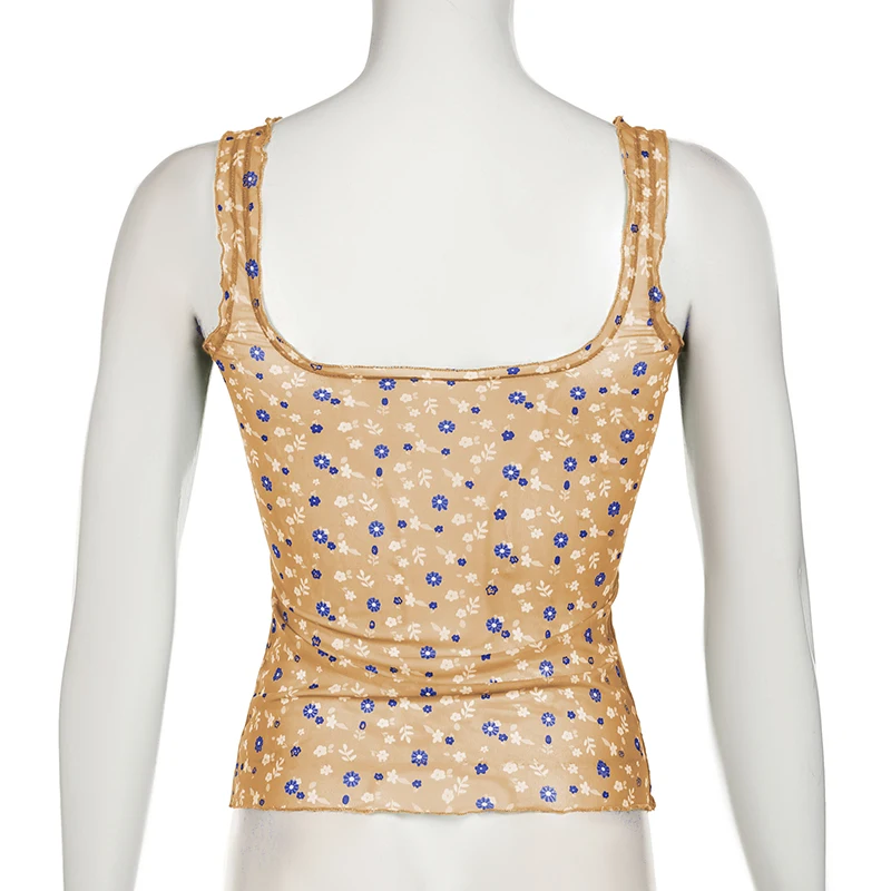 Camiseta sin mangas de malla transparente con estampado floral para mujer, camiseta de verano ajustada Y2K con cuello cuadrado vintage, camiseta sexy de moda