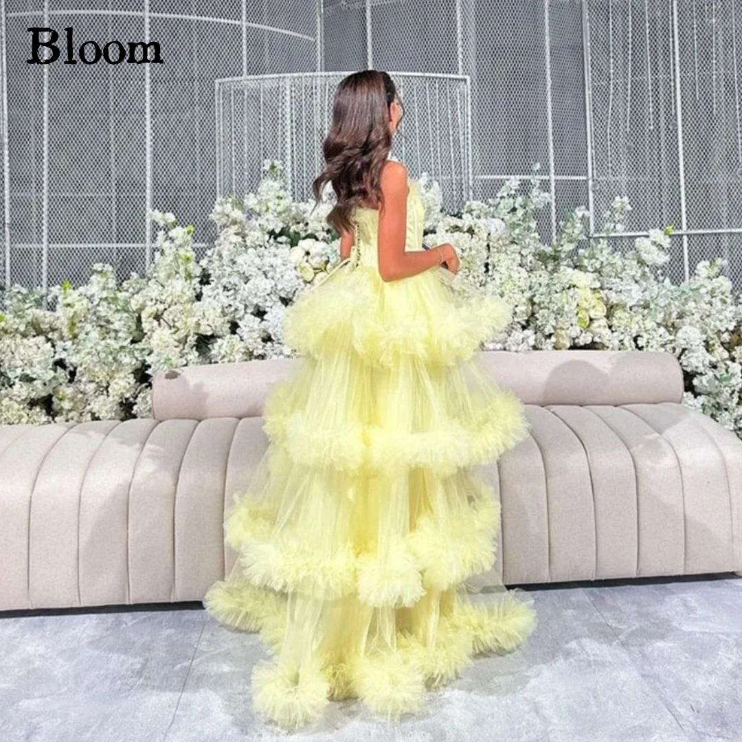 

Bloom Spaghetti Straps Yellow Tulle Prom Dresses Tiered A-line Ruffles Lace-up Evening Dresses Wedding Party Dress Free Shipping