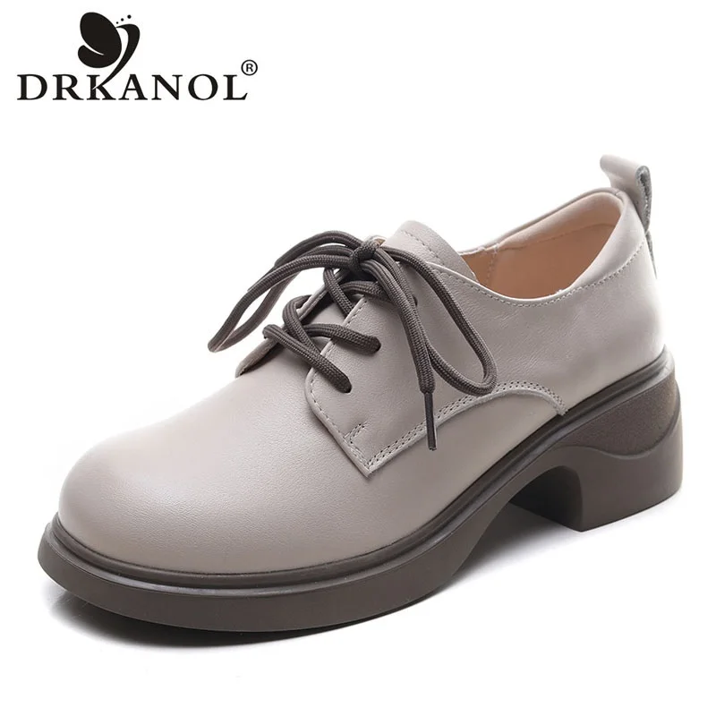 

DRKANOL British Style Women Thick High Heel Shoes Spring Lace-Up Round Toe Genuine Leather Comfort Versatile Pumps Women Shoes