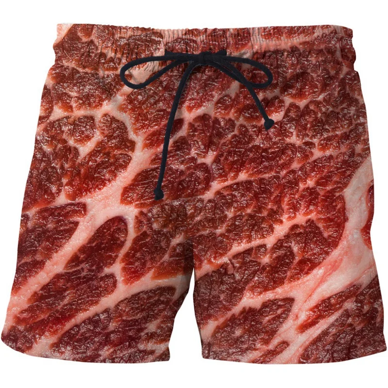 thumbnail image 1 of Pantalones cortos con estampado 3D de perritos calientes y carne grasientos divertidos para hombre, pantalones cortos de playa de hip hop callejero, pantalones cortos de natación para patineta, bañado, 1 of 5