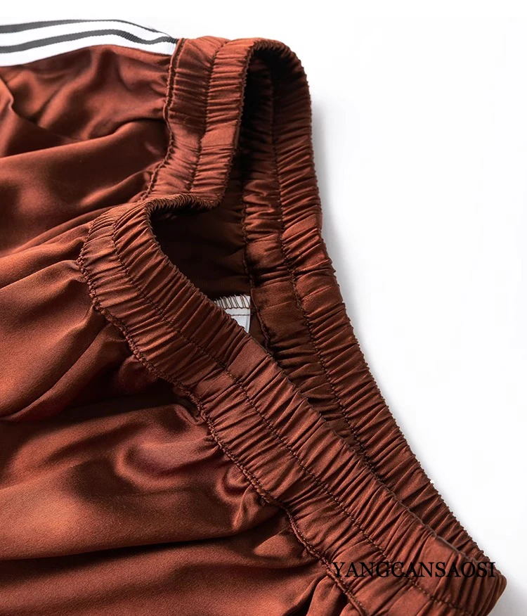 2024 Women's Casual Summer New 40MM Heavyweight 100%Natural Mulberry Silk Satin Elastic Waist Loose Caramel Wide Leg Pants