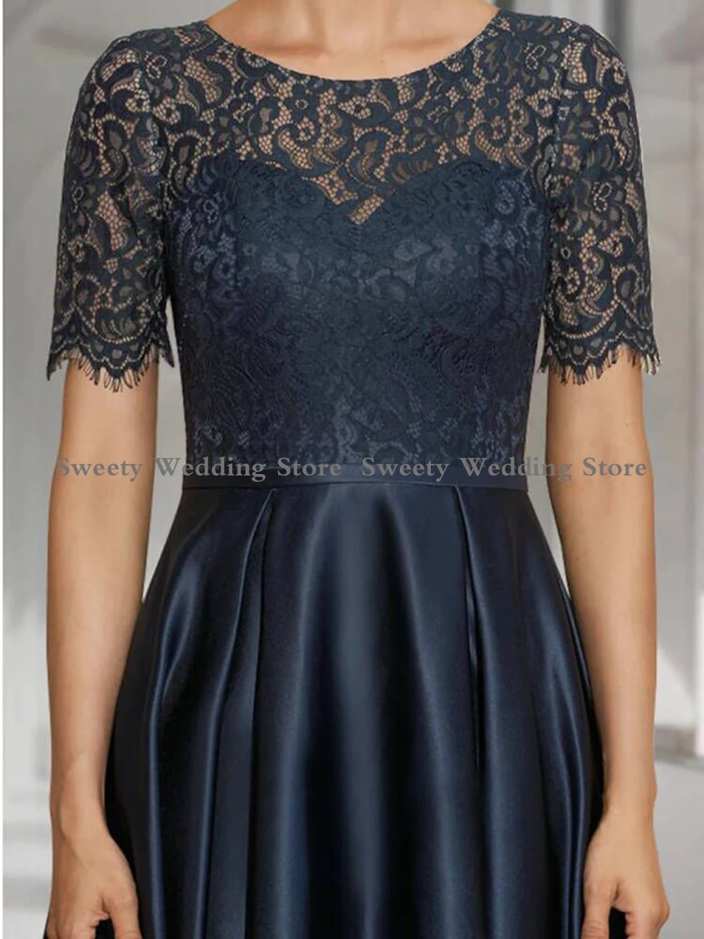 Mother Bride Dresses Navy Mother Evening Party Dresses for Wedding Jewel Neck Short Sleeves Top Lace A Line Bride Dress
