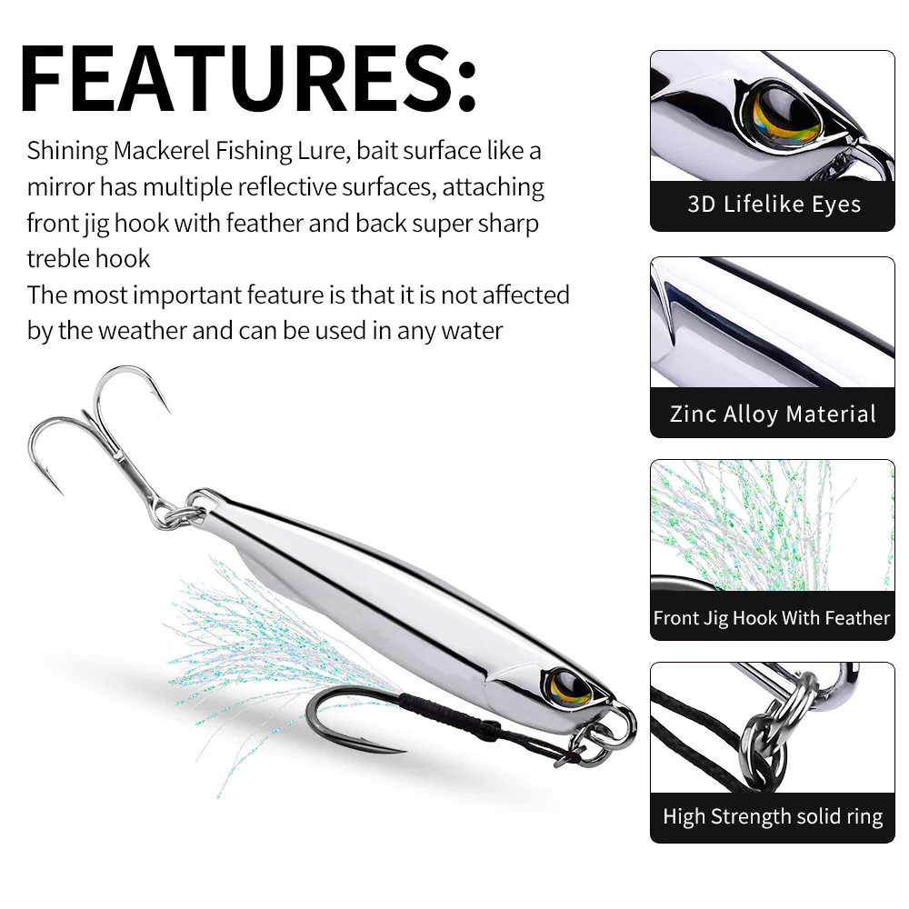 Chrome Jig Sea Fishing Front Jig Hook with Feather Jigging Lure Tenggiri Fishing Long Jig 15g 20g 30g 40g Used In Any Water 5