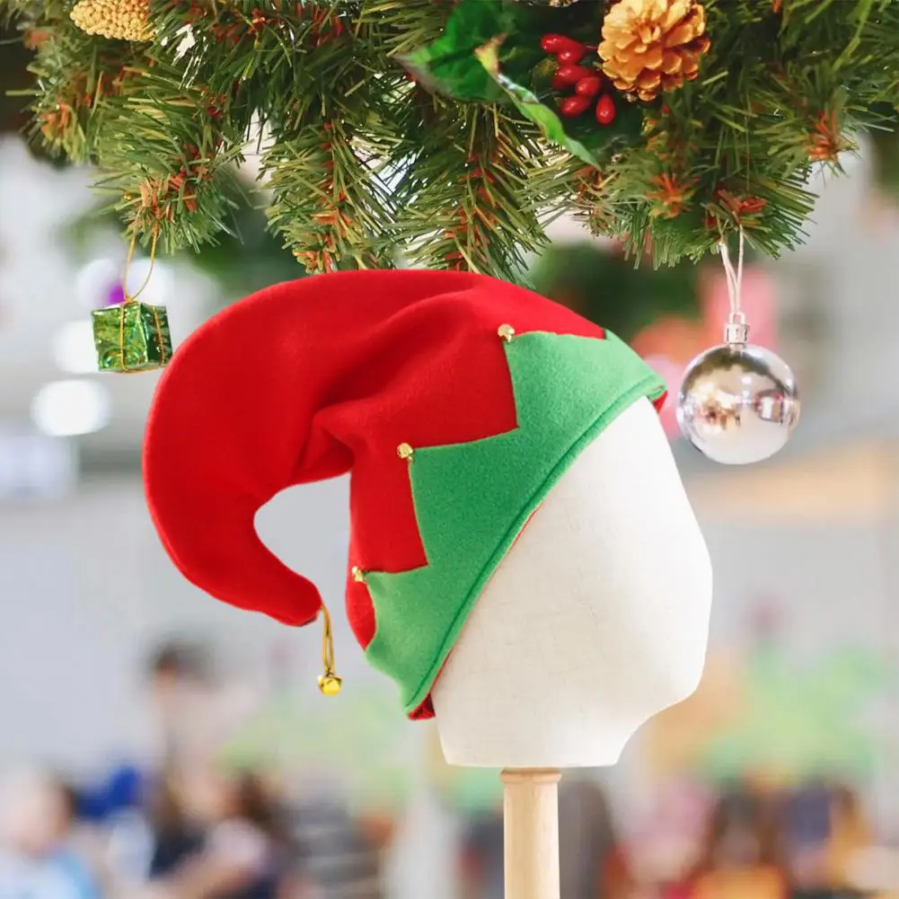 Christmas Elf Hat Adult Kids Color Matching Festive New Year Christmas Party Photo Prop Little Bell Pendant Winter Cap