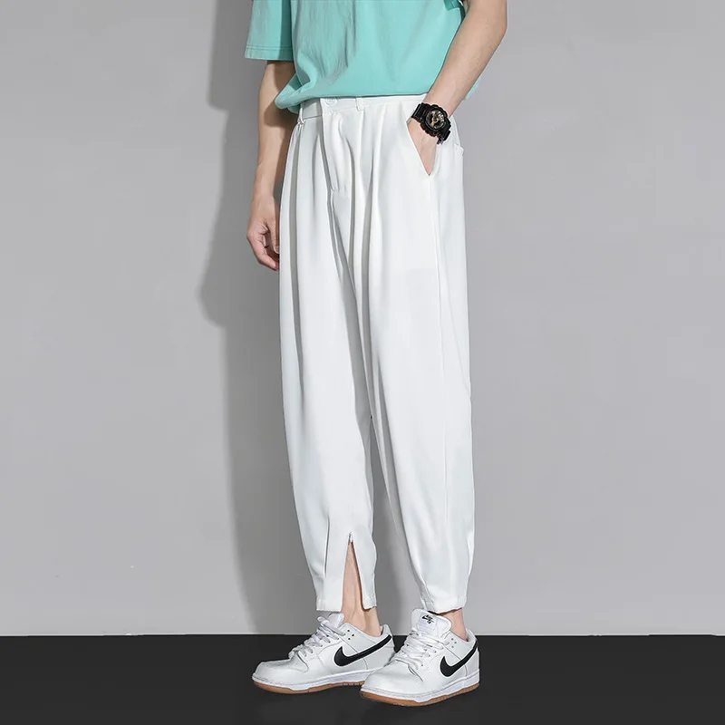 New Men Summer Ice Silk Pants Thin Section Casual Suit Pants Nine-point Sports Trousers Fashion Men Drape Loose Beam Feet Pants