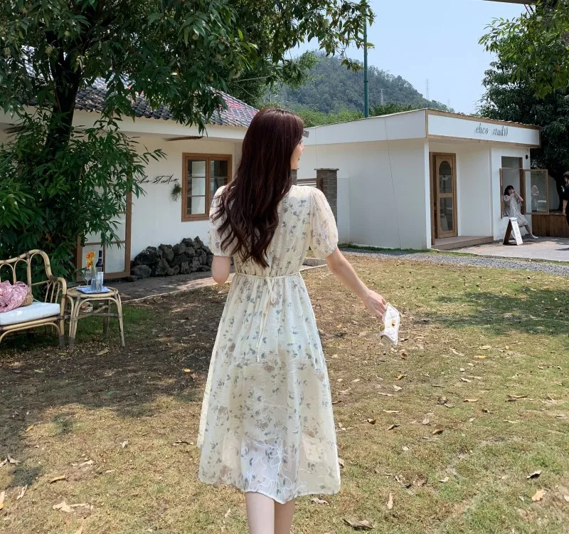 Summer New Chinese Style Midi Dresses for Women Floral Printed V-neck Puff Sleeve A-line Casual Elegant Dress One Piece Vestido