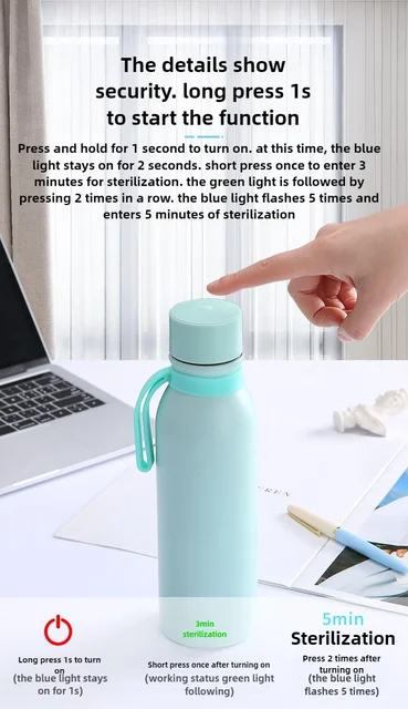 Popular UV Sterilizing Water Bottle - Smart UV Disinfection 304 Stainless Steel Insulated Sports Flask 3