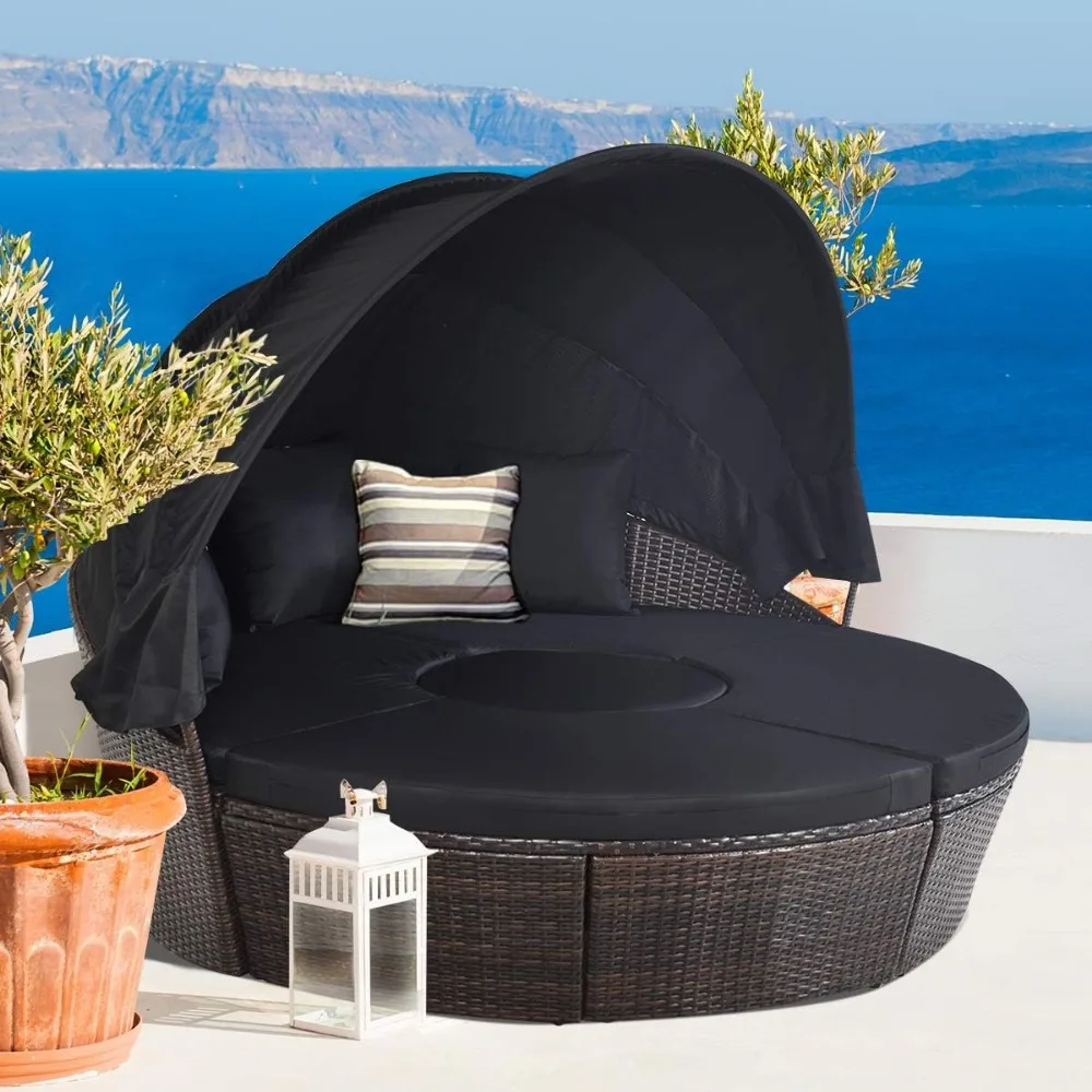 Patio Round Daybed with Retractable Canopy,Outdoor Wicker Rattan Furniture Sets,Sectional Cushioned Sofa Set w/Height 5
