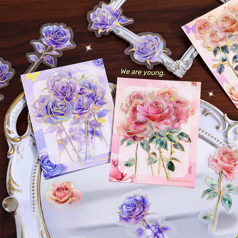 Stickers Scrapbooking Supplies Journamm 10pcs/pack PET Gold Foil Rose Stickers DIY Scrapbooking Creativity Adhesive Hand Made Decorative Junk Journal Supplies