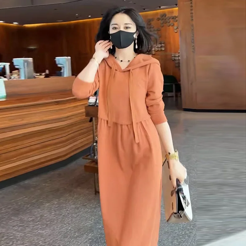 

French Style Pregnant Women Oversized Dress Orange Long Sleeve Hooded Maternity Basic Dress Ankle-length Pregnancy Hooded Dress