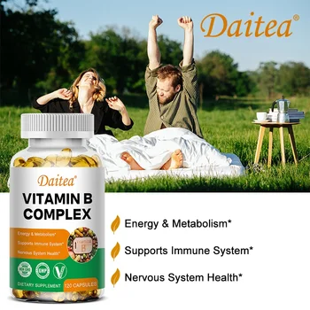 DAITEA - Vitamin B Complex Capsules - B12, B1, B2, B3, B5, B6, B7, B9, Folic Acid and Biotin - Reduce Stress, Boost Immunity 6