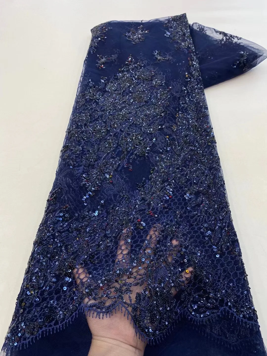 

French Navy Blue Lace Embroidered Mesh Fabric African High Quality Luxury Shiny Sequins Tulle Lace Fabric For Women Daily Dress