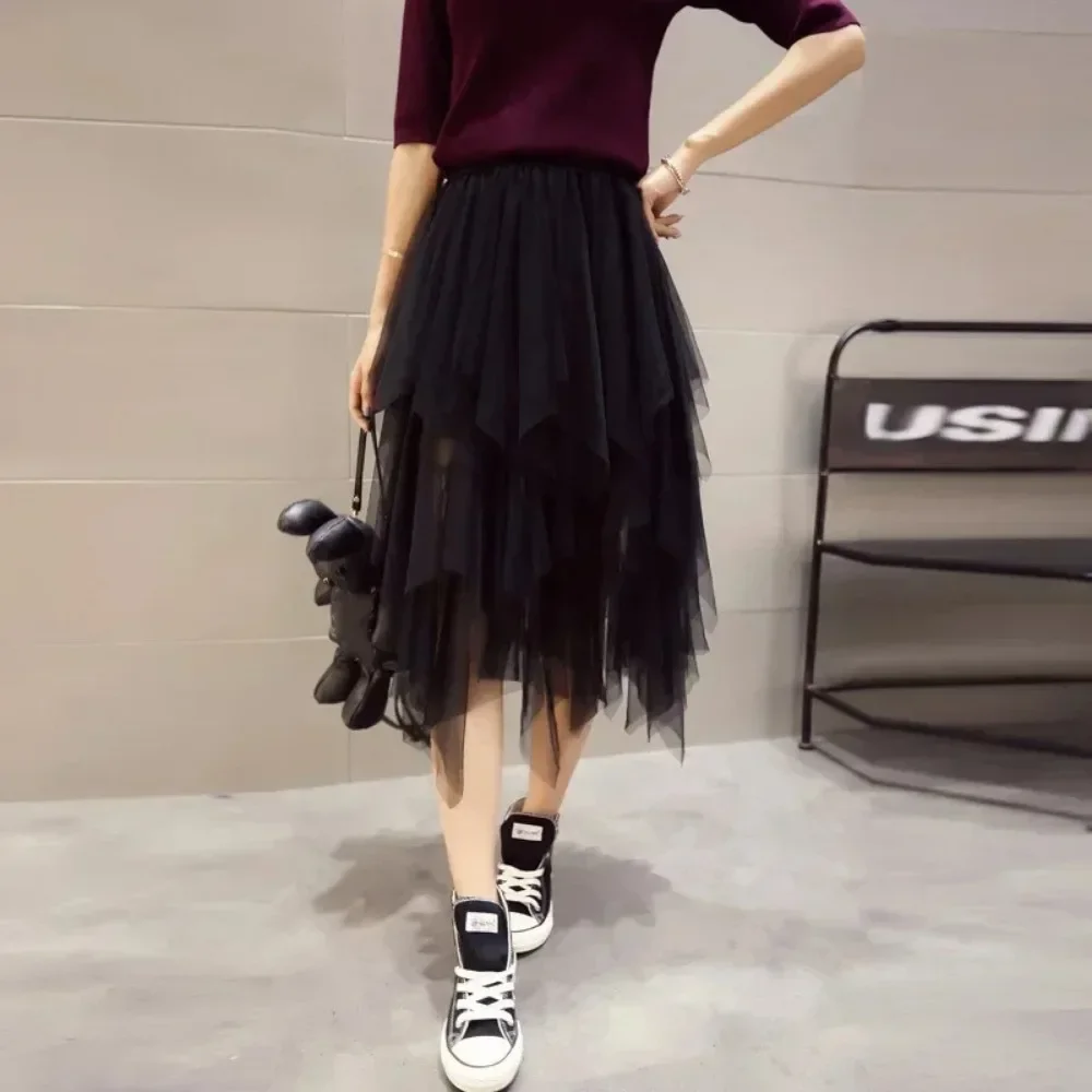 Fashion Summer Tutu Women Skirt Harajuku Tulle Bottom Faldas Casual High Waist Midi Mesh Skirts Woman Clothes Saia 하프 스커트