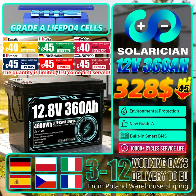 Batterie LiFePO4 12V 360Ah, grande capacité, 10000+ cycles, cellules Lifepo4 12.8V, bricolage 24V 360Ah pour voiturettes de golf, bateau marin, camping 1