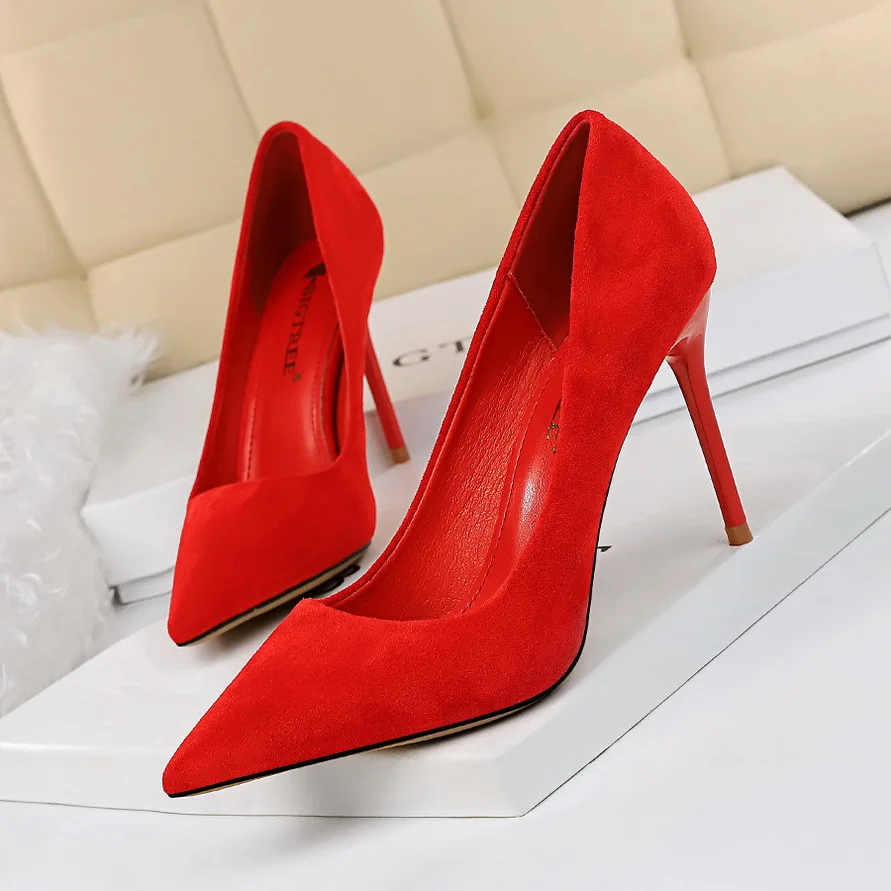 Women 9cm High Heels Pumps Stripper Flock Suede Plus Size Escarpins Lady Wedding Bridal Heels Escarpins Green Blue Yellow Shoes