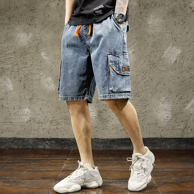 thumbnail image 1 of Pantalones cortos de mezclilla con bolsillos para hombre, pantalones cortos cargo de verano para hombre, pantalones cortos de corte fino Harajuku Xl, botones de moda coreana retro, 1 of 5