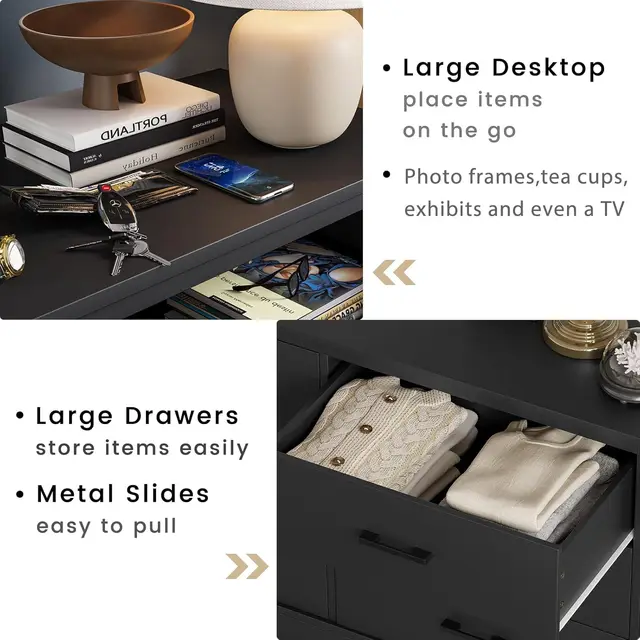 2184-3cfd4f.jpg Black 6 Drawer Double Dresser for Bedroom, Wood Storage Tower Clothes Organizer, Wide Chest of 6 Drawers, Large Storage Cabinet