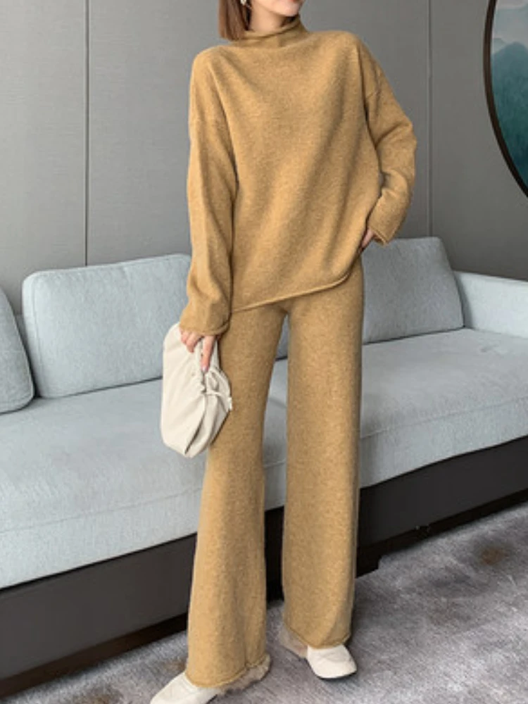 

Winter Women Elegant Casual Knitted Pantsuit Pullover Loose Solid Sweater Tops High Waist Pants 2 Pieces Set Femme Fashion Cloth