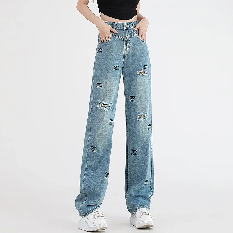 2024 New Korean Woman Casual Long Jeans Classic Girl Straight Denim Wide-leg Pants Solid Color Light Blue