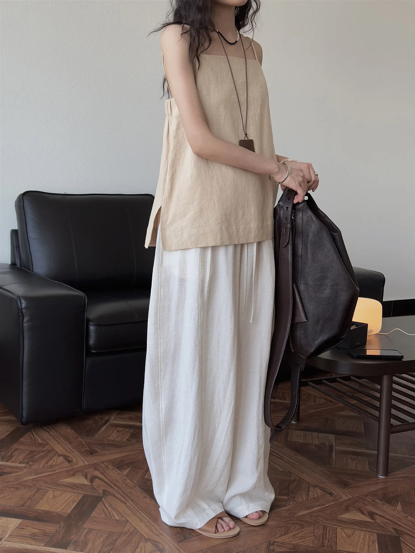 Spring and summer women's casual solid color high waist loose wide leg pants