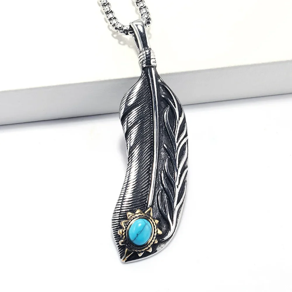 

CHUANGCHENG Japanese Fashion Trend, Retro Personality, Feather Set Gemstone, Stainless Steel Pendant Men's Necklace Chains