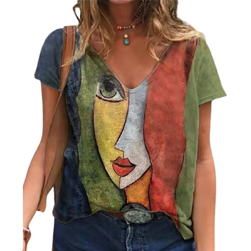 

2023 Summer Women's T-shirt V-neck Sexy Top Fashion Casual Short-sleeved Tee Hot Selling Graphic Street Beautiful Female Wear