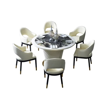 Set da Pranzo Moderno 7 Pezzi per 6 Persone, Tavolo Rotondo in Marmo con 6 Sedie Imbottite in Vera Pelle, per Cucina e Sala da Pranzo